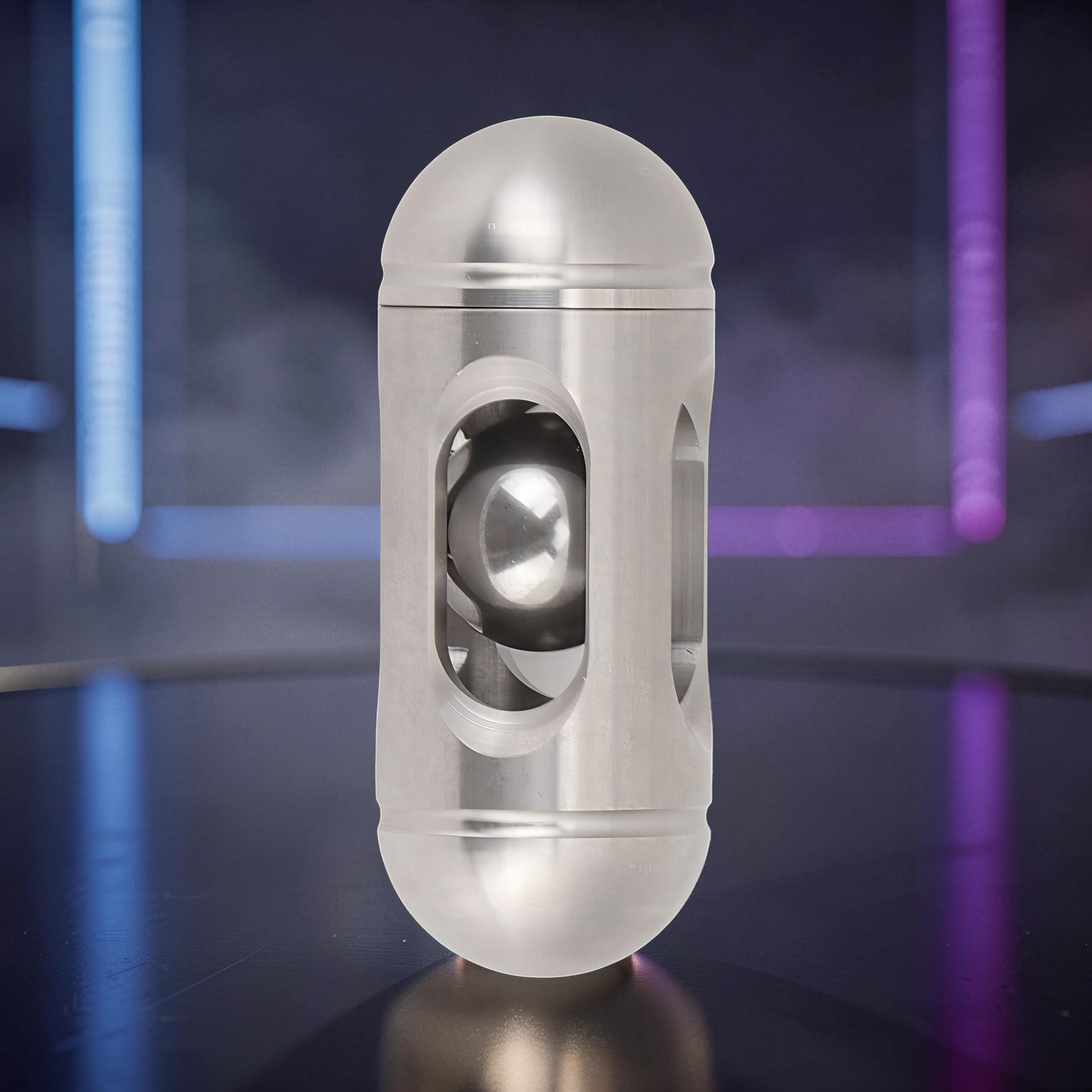 The Curious Mind Hit Egg Pocket Spinner, a silver metal fidget toy with a unique egg shape and internal spinning ball.