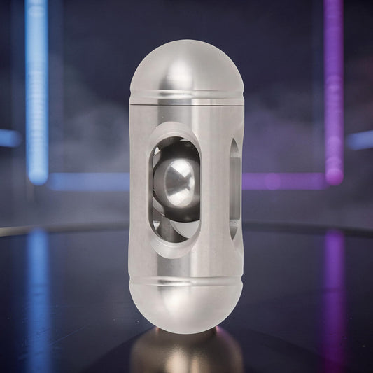 The Curious Mind Hit Egg Pocket Spinner, a silver metal fidget toy with a unique egg shape and internal spinning ball.