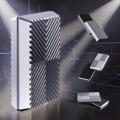 The Curious Mind Cube Push Slider: compact metal fidget toy with geometric pattern and satisfying push-and-return motion.