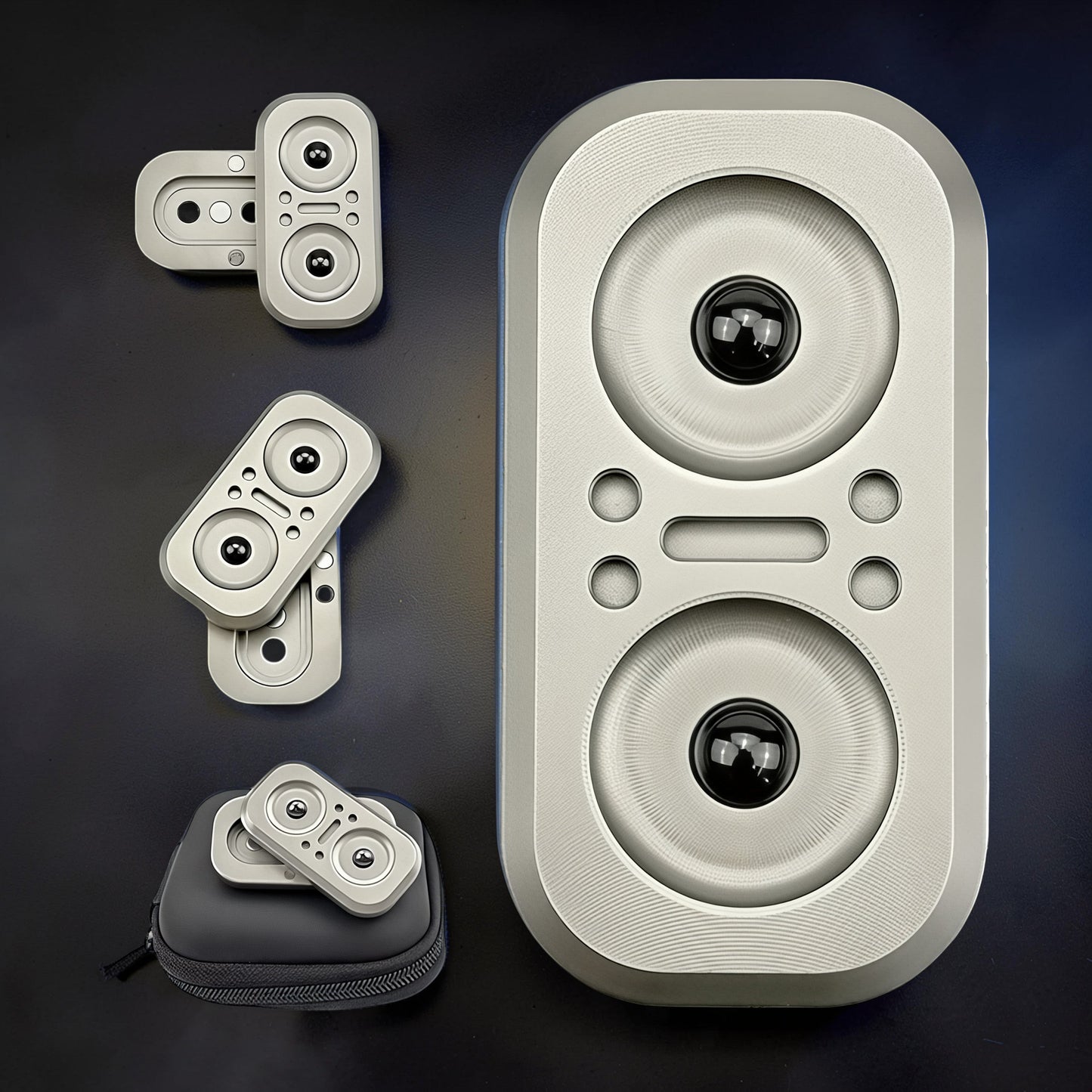 The Curious Mind Owl Push Slider, a compact silver metal fidget toy with two black ball bearings and tactile push buttons. Includes a black carrying case.