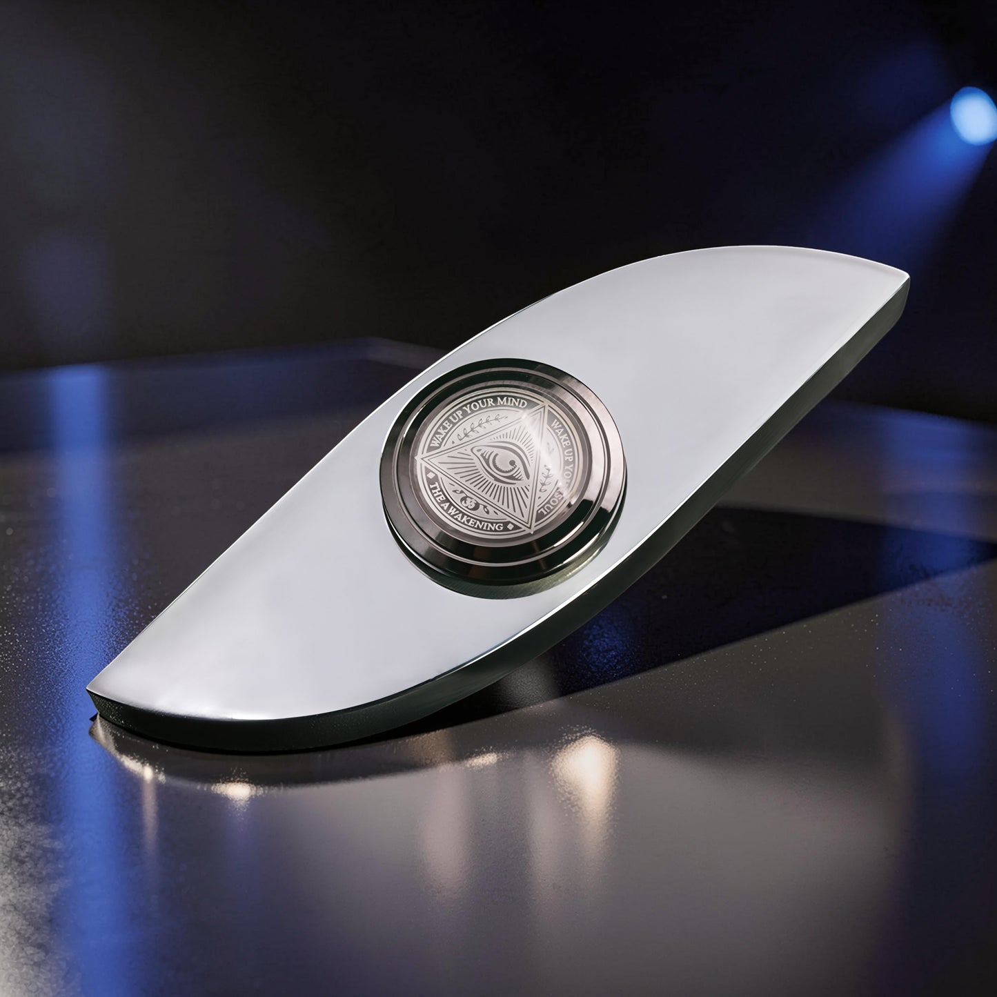 The Curious Mind Power Eye Sensory Spinner, a premium metal fidget toy with an all-seeing eye design.