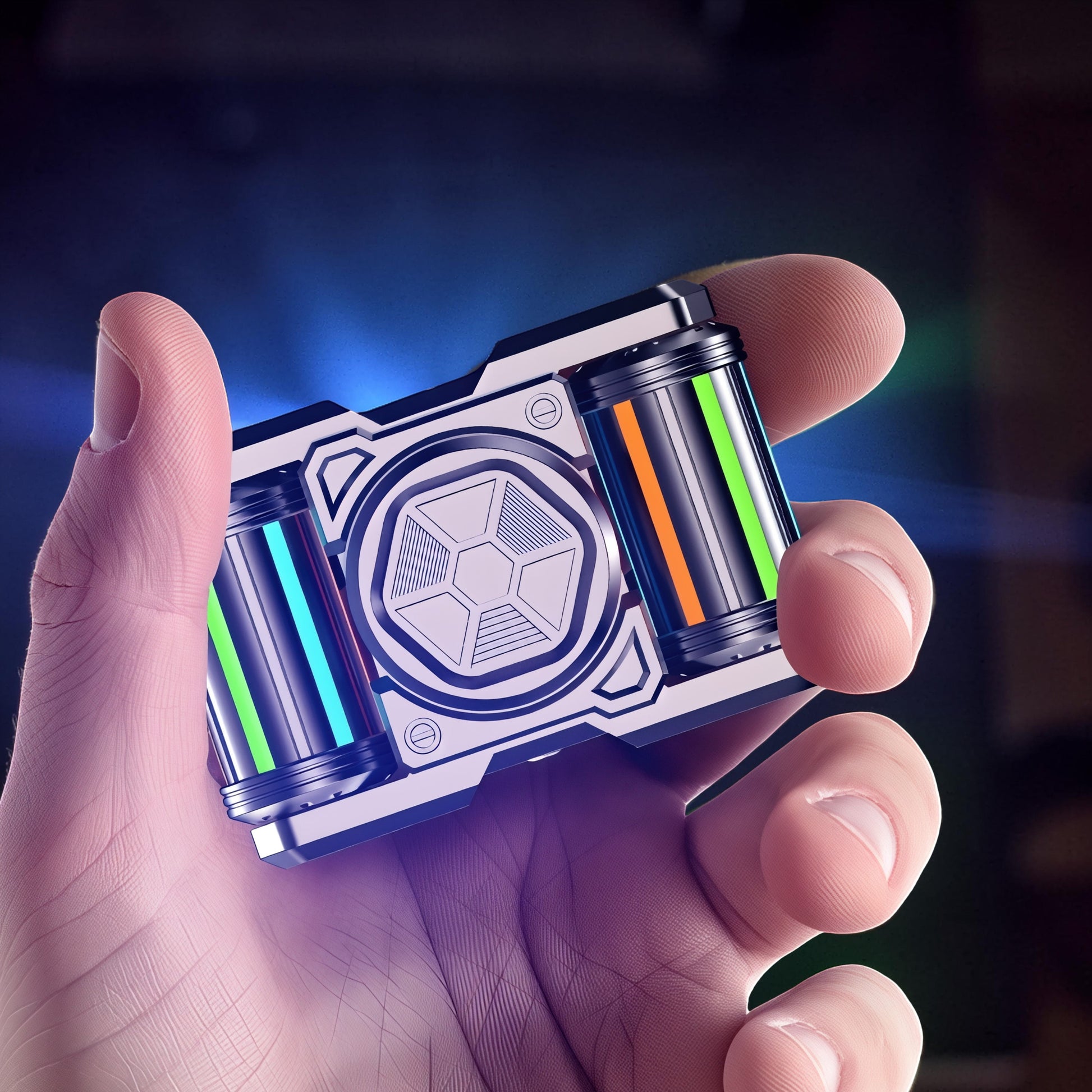 The Curious Mind premium metal EDC spinner with blue, green, and orange glowing inserts, held in a hand.