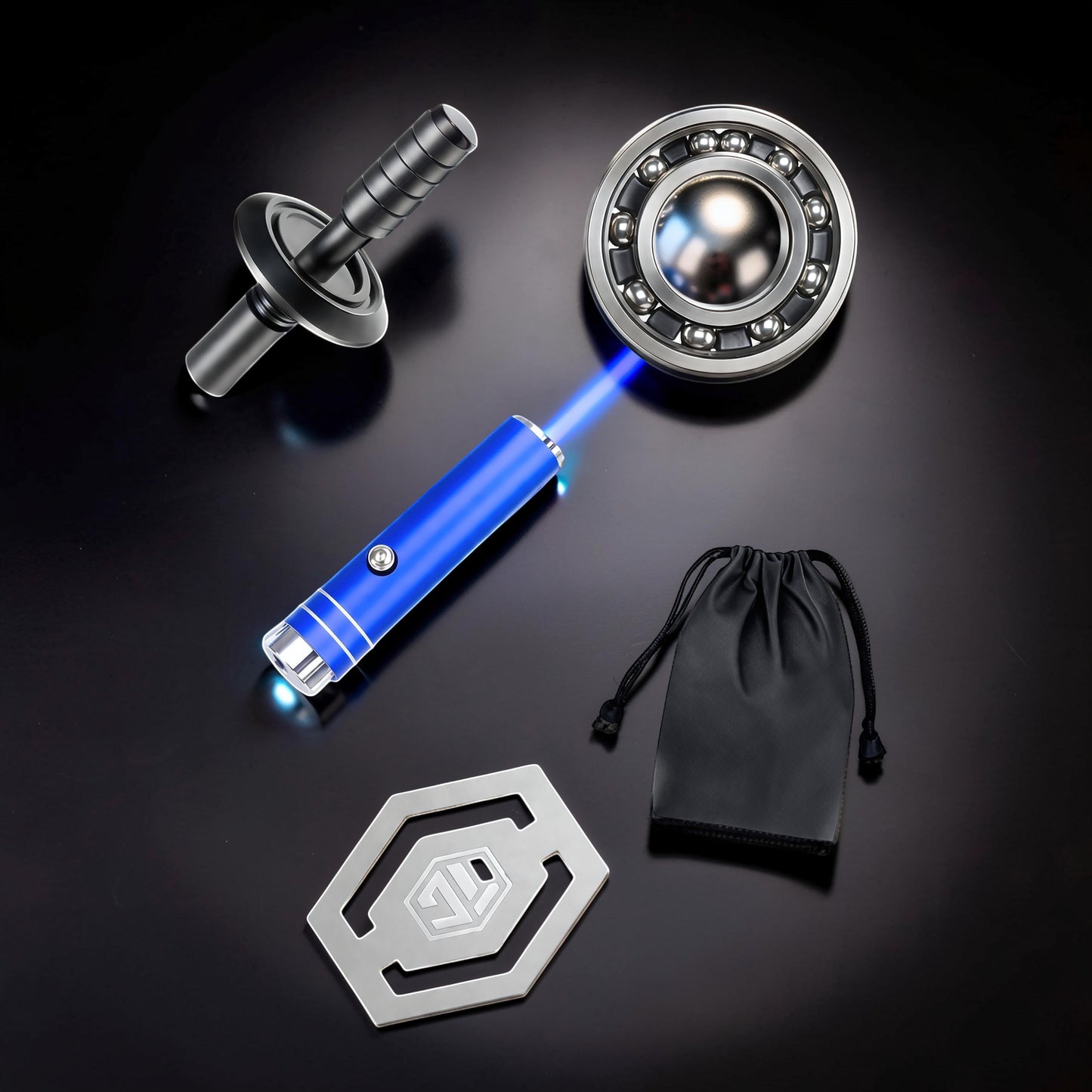 The Curious Mind Armoured Mech Glow Spinner: futuristic metal fidget spinner with blue laser, black pouch, and metal bookmark.