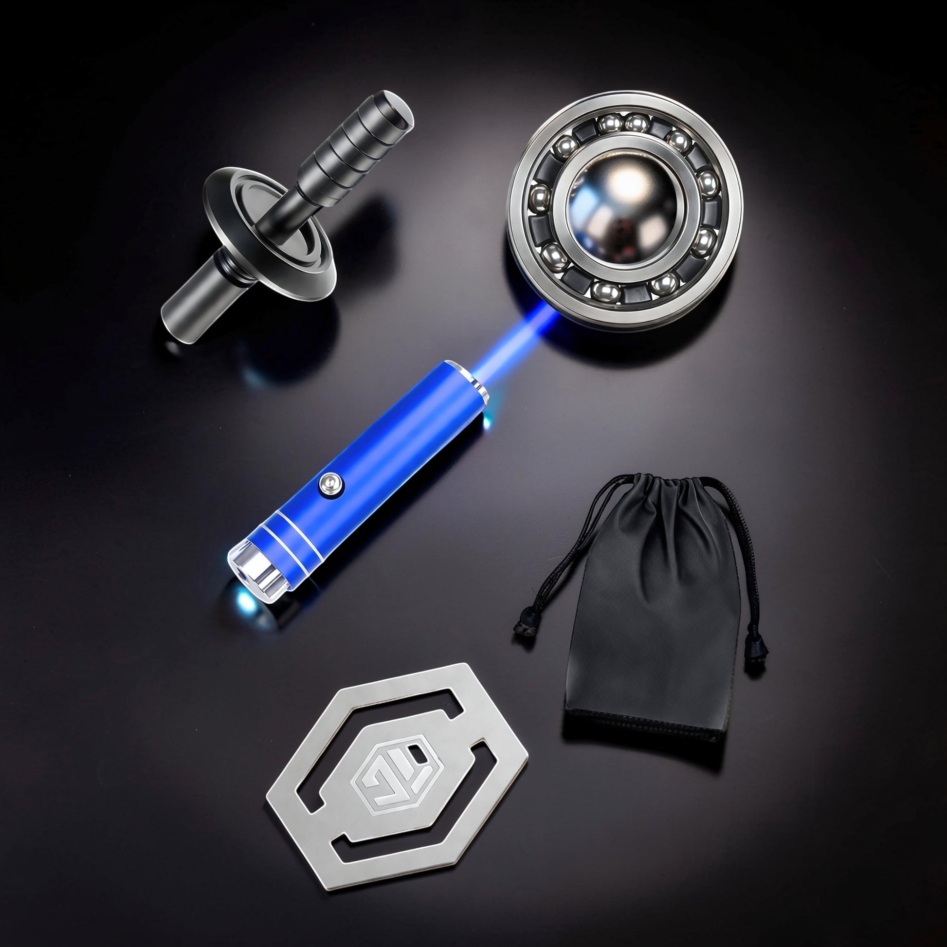 The Curious Mind Armoured Mech Glow Spinner: futuristic metal fidget spinner with blue laser, black pouch, and metal bookmark.