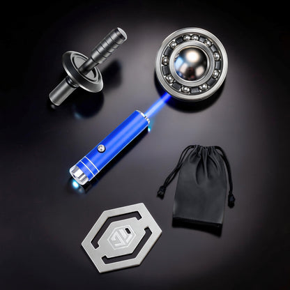 The Curious Mind Armoured Mech Glow Spinner: futuristic metal fidget spinner with blue laser, black pouch, and metal bookmark.