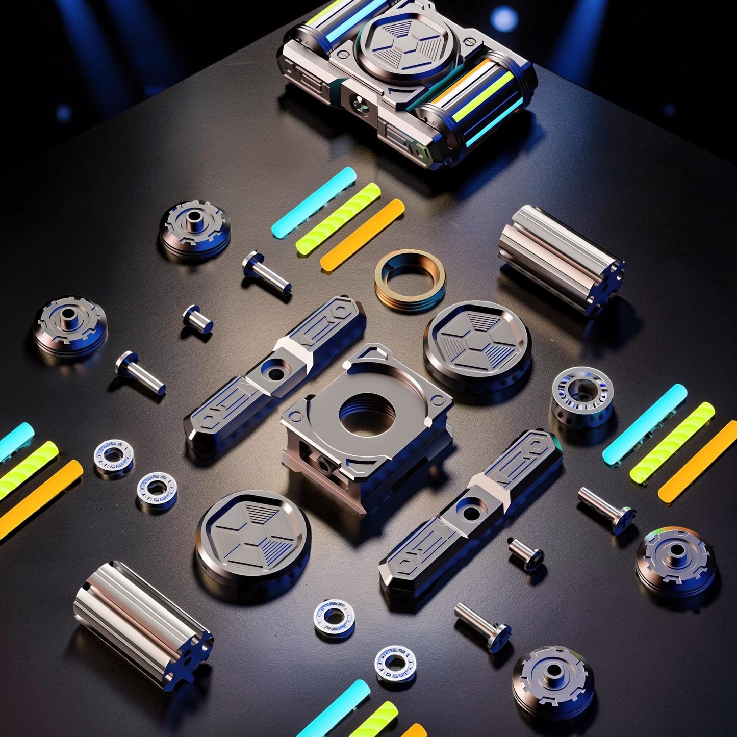 The Curious Mind premium metal EDC spinner disassembled with colorful inserts and hardware.