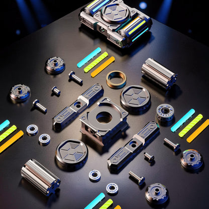 The Curious Mind premium metal EDC spinner disassembled with colorful inserts and hardware.
