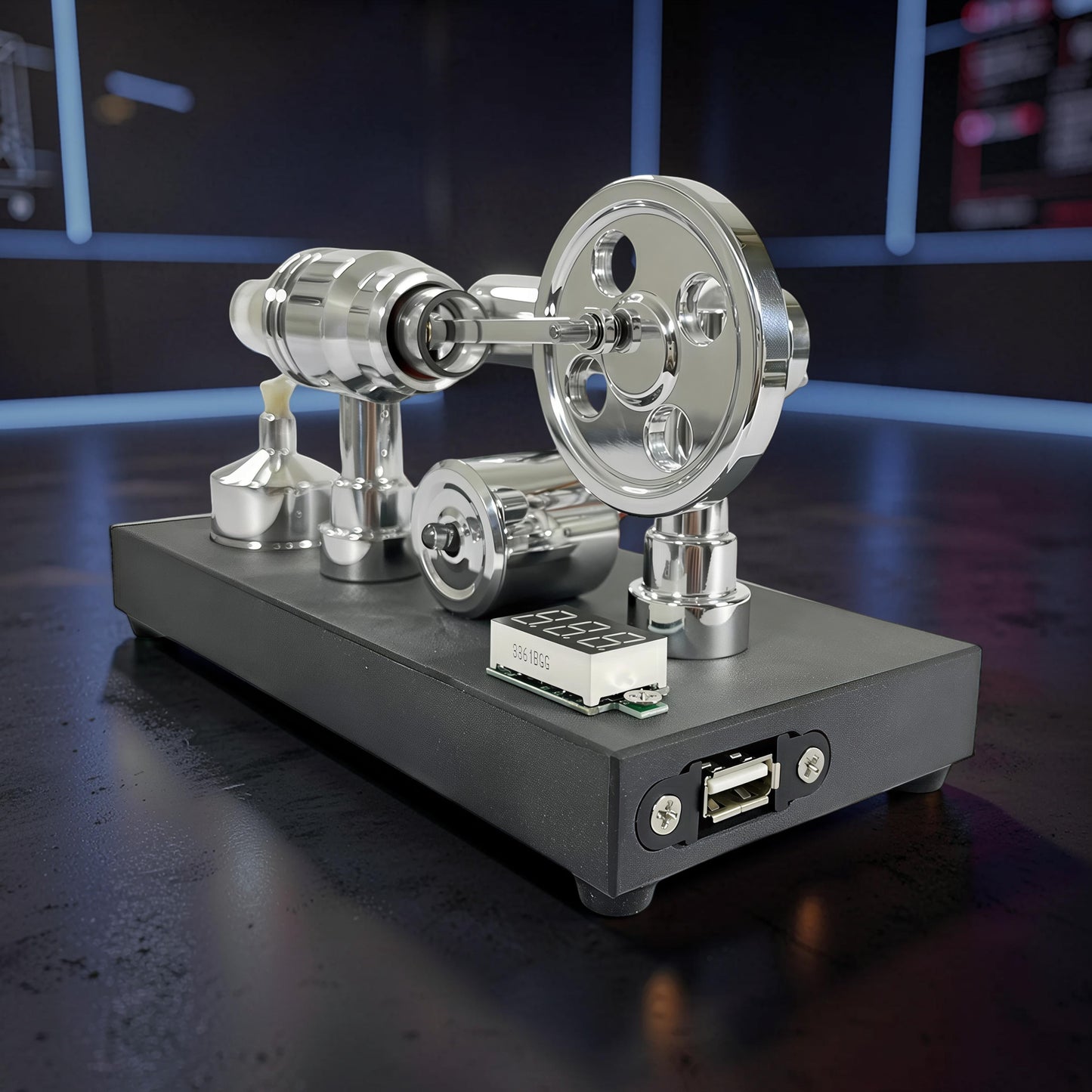 The Curious Mind mirror-polished metal Stirling engine model with voltmeter and USB port, ideal for desktop display and engineering enthusiasts.