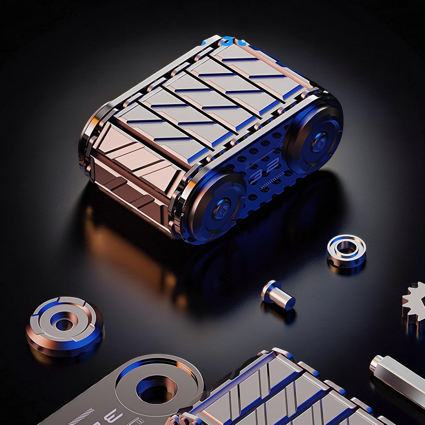 The Curious Mind Metal Tank Spinner, a copper and silver fidget toy with a tank tread design and blue accents. Features smooth rotation and a premium metal build.