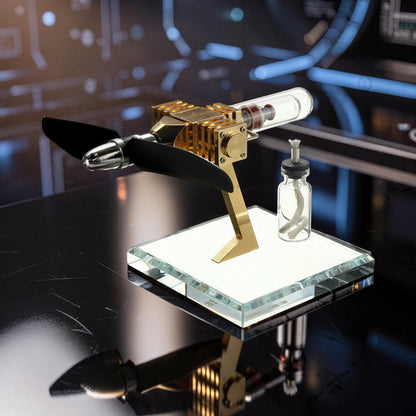 The Curious Mind Mini Aircraft Stirling Engine Display Model, gold metal engine with black propeller on a glass base, includes fuel bottle.