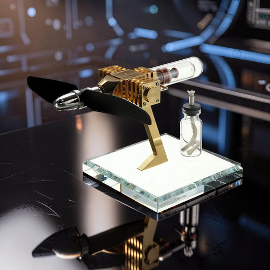 The Curious Mind Mini Aircraft Stirling Engine Display Model, gold metal engine with black propeller on a glass base, includes fuel bottle.