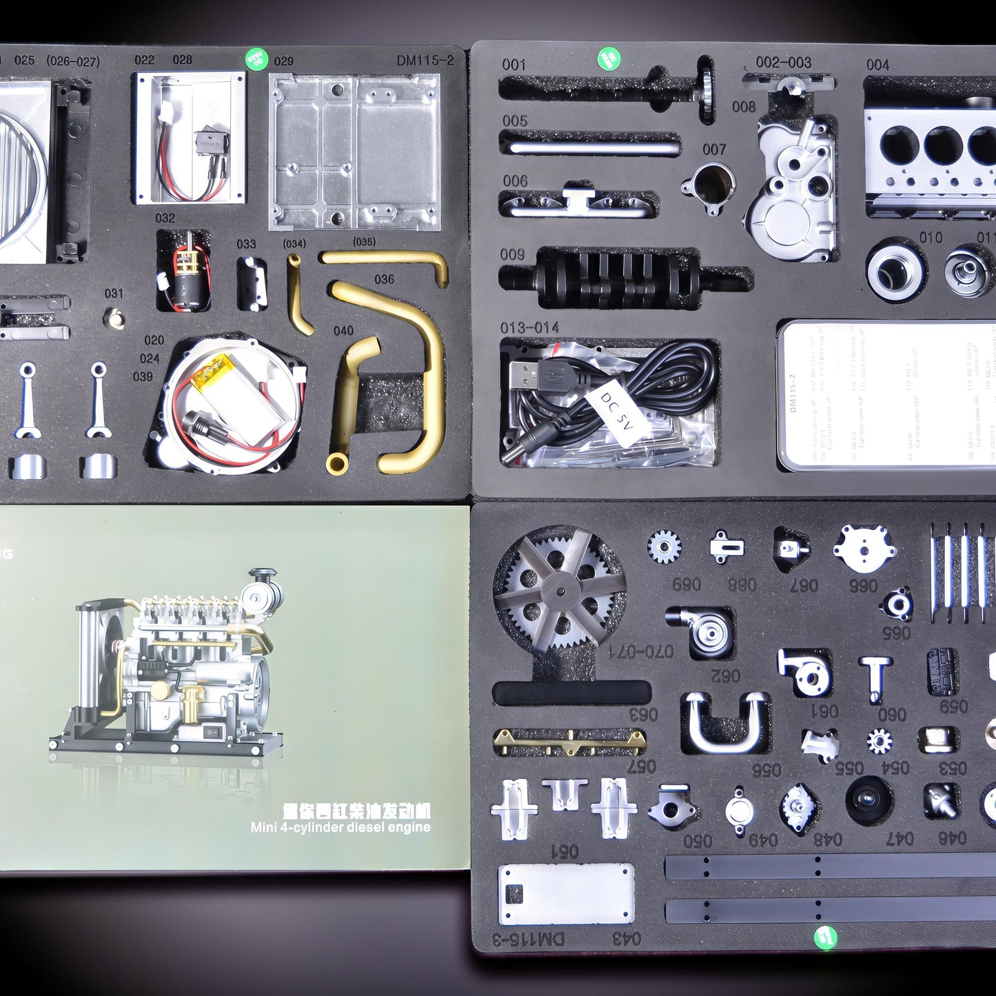 The Curious Mind Mini Diesel 4-Cylinder Engine DIY Kit, a metal mechanical model with intricate parts and a USB power cable.