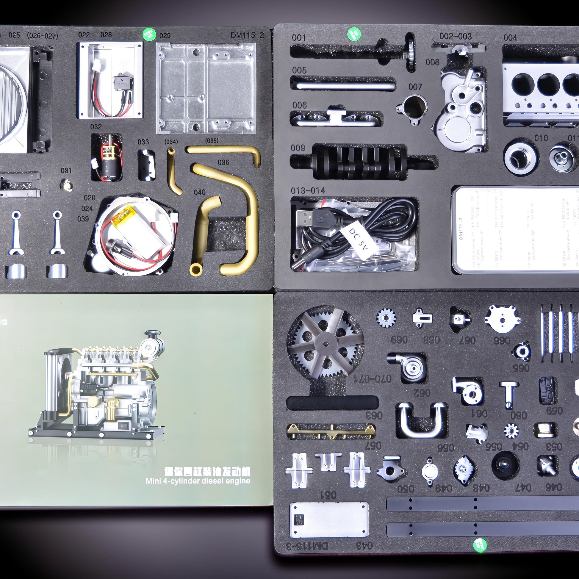 The Curious Mind Mini Diesel 4-Cylinder Engine DIY Kit, a metal mechanical model with intricate parts and a USB power cable.