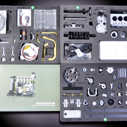 The Curious Mind Mini Diesel 4-Cylinder Engine DIY Kit, a metal mechanical model with intricate parts and a USB power cable.