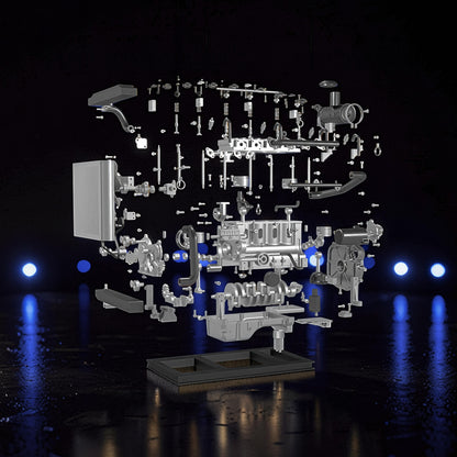 The Curious Mind Mini Diesel 4-Cylinder Engine DIY Kit, exploded view of metal engine parts with brass accents.