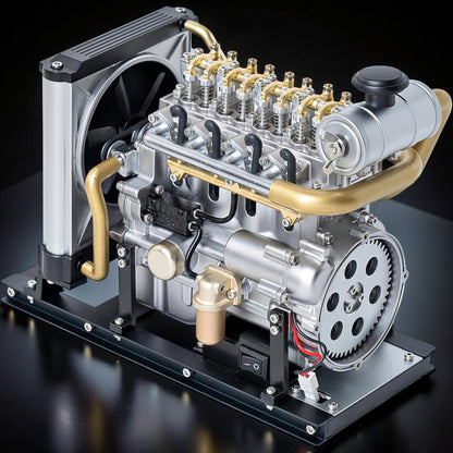 The Curious Mind Mini Diesel 4-Cylinder Engine DIY Kit is a detailed metal mechanical model with gold accents, a fan, and a radiator.
