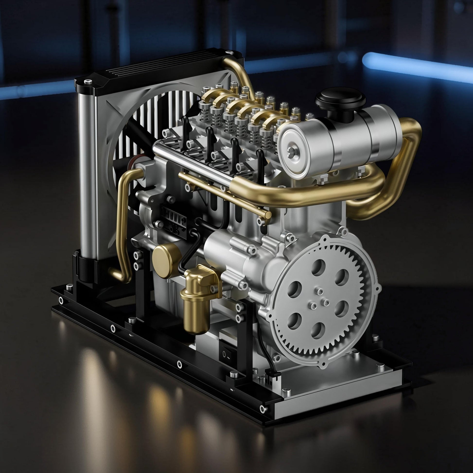 The Curious Mind Mini Diesel 4-Cylinder Engine DIY Kit, a detailed metal mechanical model with gold accents and a radiator.