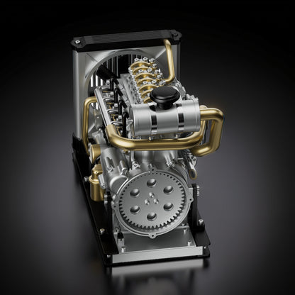 The Curious Mind Mini Diesel 4-Cylinder Engine DIY Kit, a detailed metal mechanical model with gold and silver accents.