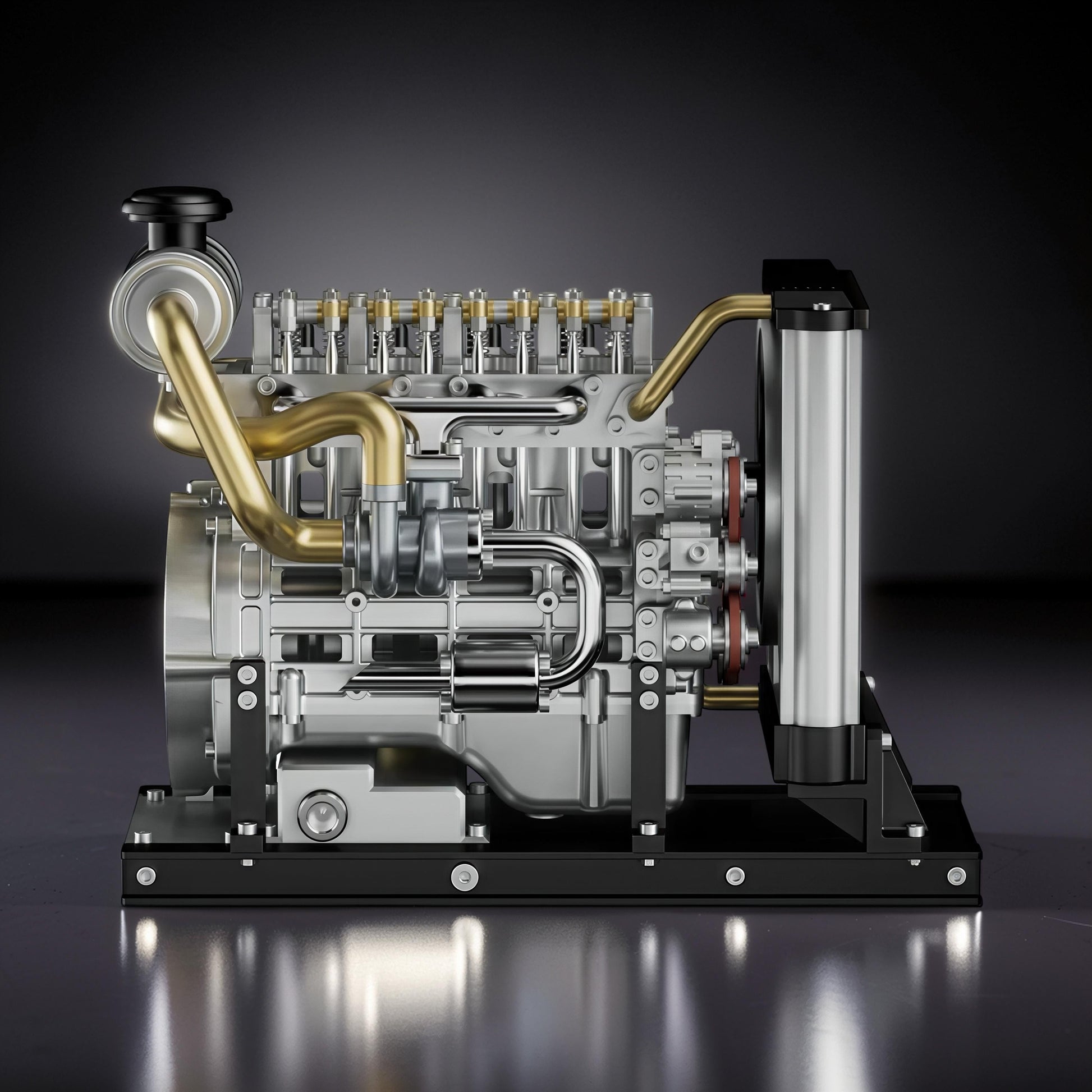 The Curious Mind Mini Diesel 4-Cylinder Engine DIY Kit, a detailed metal mechanical model with brass accents.