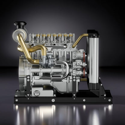 The Curious Mind Mini Diesel 4-Cylinder Engine DIY Kit, a detailed metal mechanical model with brass accents.