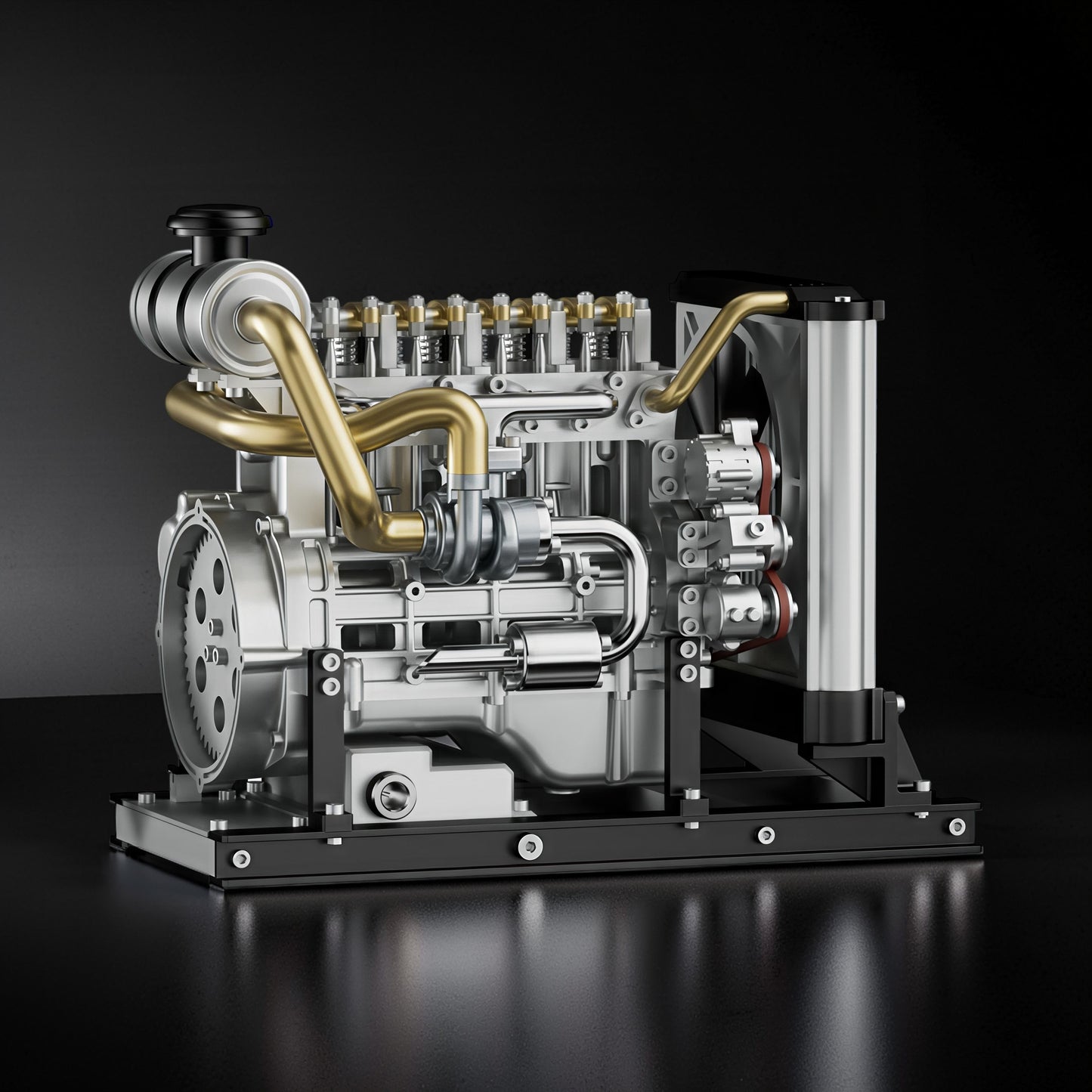 The Curious Mind Mini Diesel 4-Cylinder Engine DIY Kit, a detailed metal mechanical model with brass accents and a black base.