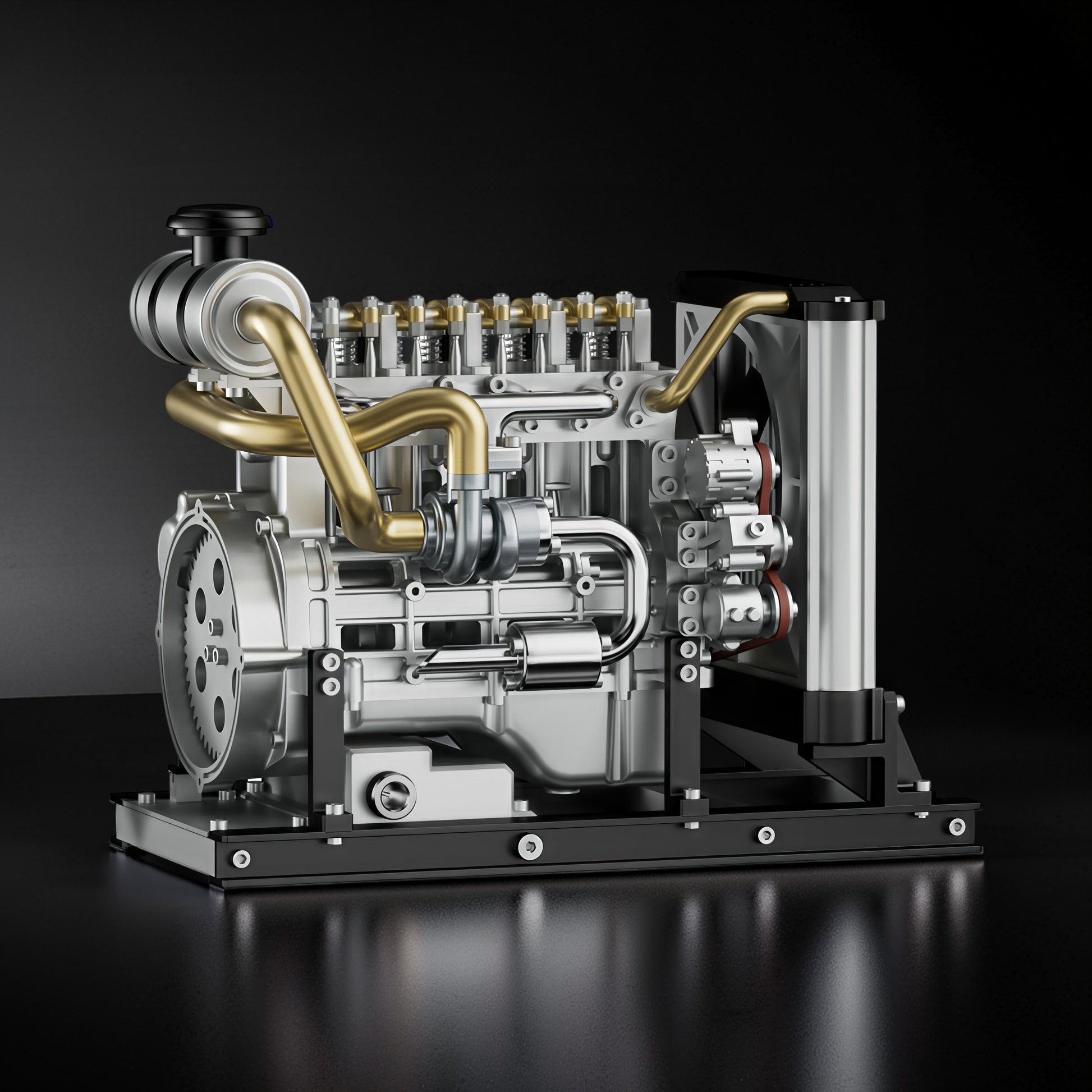 The Curious Mind Mini Diesel 4-Cylinder Engine DIY Kit, a detailed metal mechanical model with brass accents and a black base.