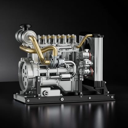 The Curious Mind Mini Diesel 4-Cylinder Engine DIY Kit, a detailed metal mechanical model with brass accents and a black base.