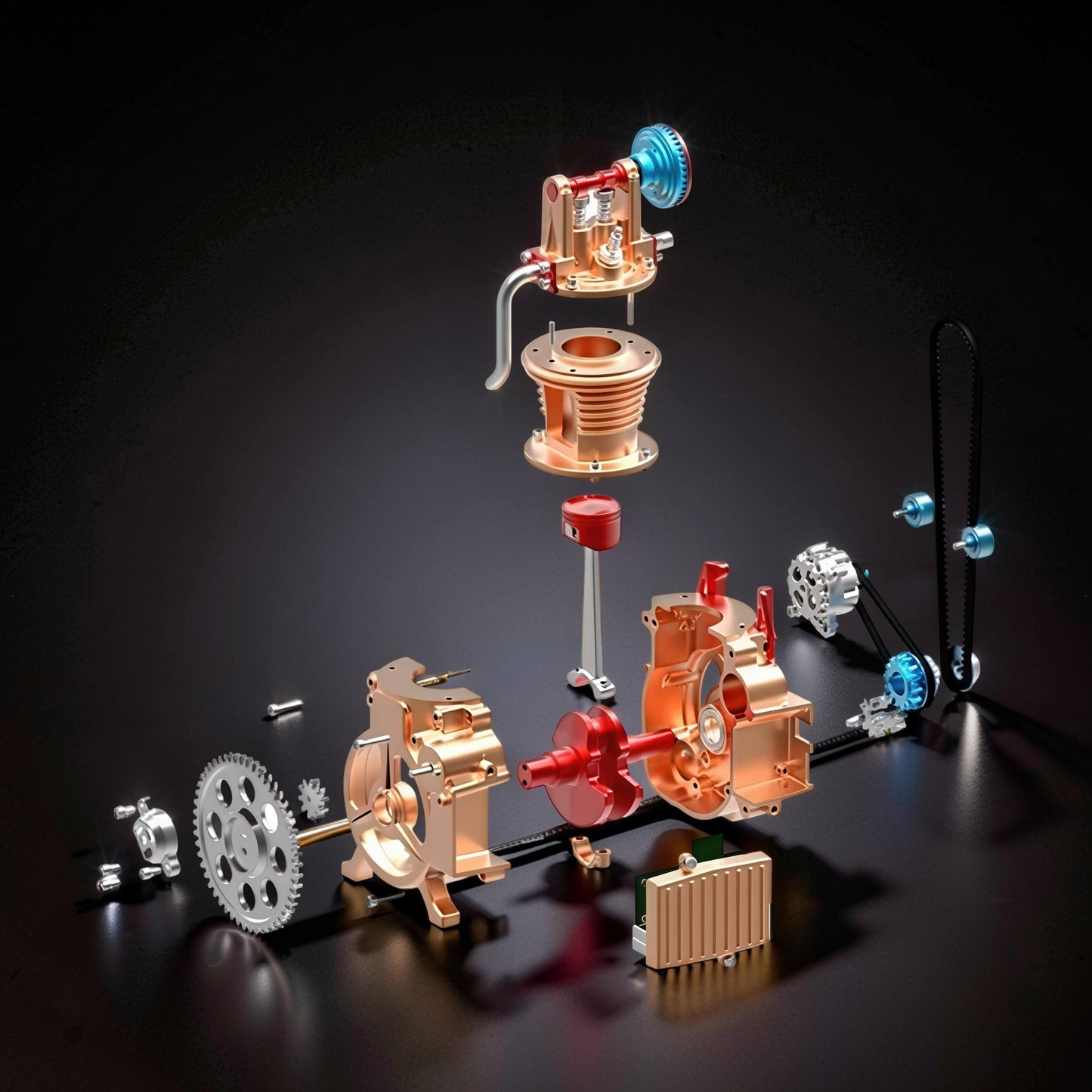 The Curious Mind Mini Single-Cylinder Engine DIY Kit exploded view, showcasing metal components in copper and red with blue accents.