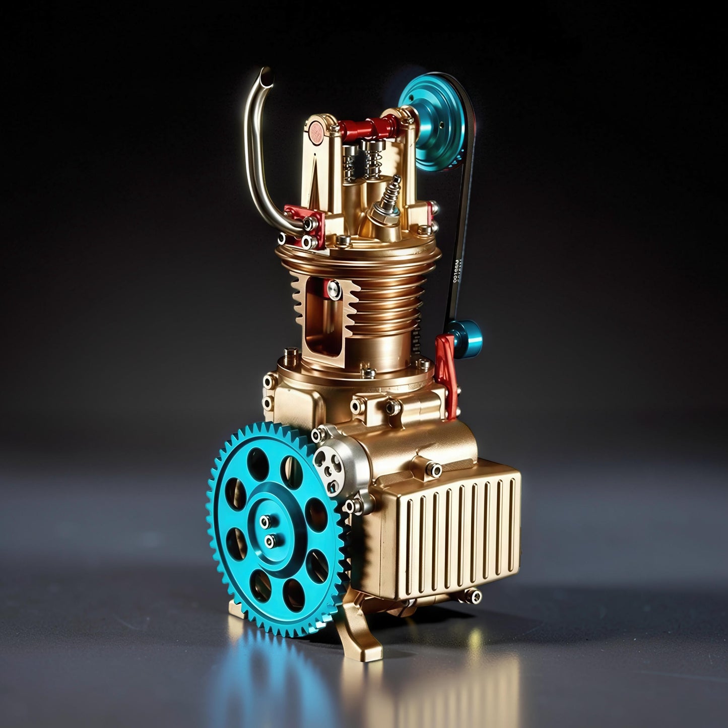 The Curious Mind Mini Single-Cylinder Engine DIY Kit is a detailed metal model with gold finish, blue gear, and red accents. It's a build-and-display mechanical model.
