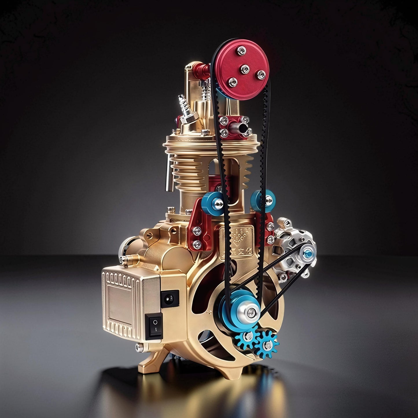The Curious Mind Mini Single-Cylinder Engine DIY Kit, a detailed metal model with gold, red, and blue accents, featuring belts and gears.