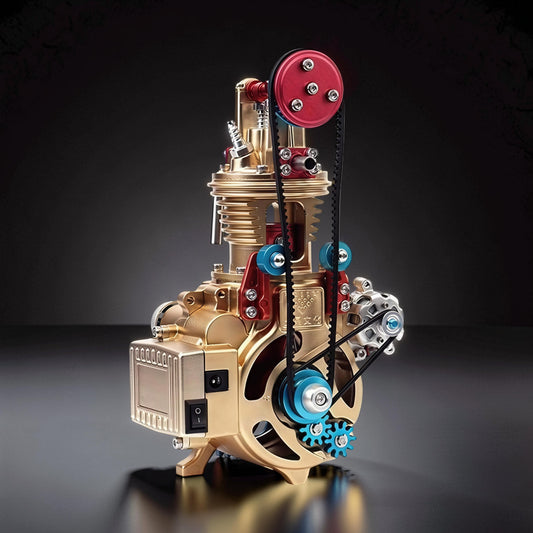 The Curious Mind Mini Single-Cylinder Engine DIY Kit, a detailed metal model with gold, red, and blue accents, featuring belts and gears.
