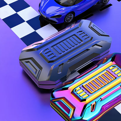 The Curious Mind Mini Sportscar Slider Fidget toy in blue and iridescent metal, with a sleek, industrial design.