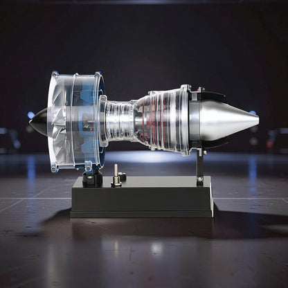 The Curious Mind Mini Turbofan Engine DIY Kit model, made of PLA, features transparent blue and clear sections showing internal components, mounted on a black display stand.
