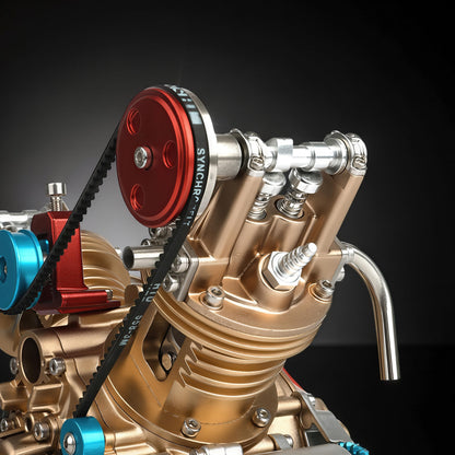 The Curious Mind Mini V2 Double-Cylinder Engine DIY Kit, a premium metal mechanical model with gold and red accents.