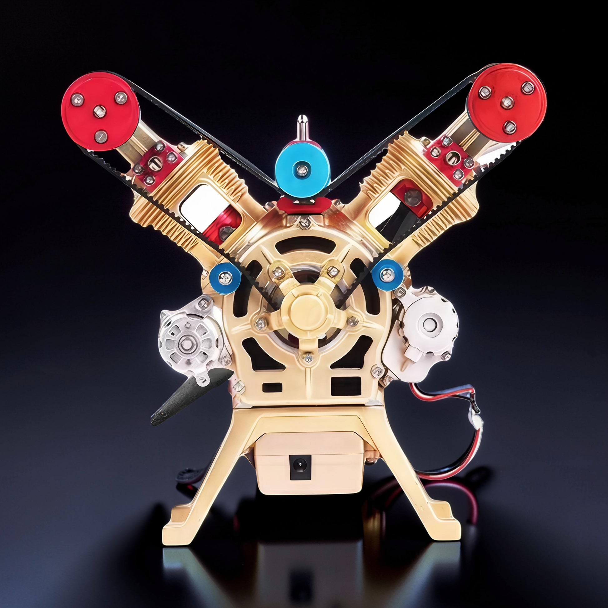 The Curious Mind Mini V2 Double-Cylinder Engine DIY Kit, a metal mechanical model with gold, red, and blue accents, featuring belts and gears.