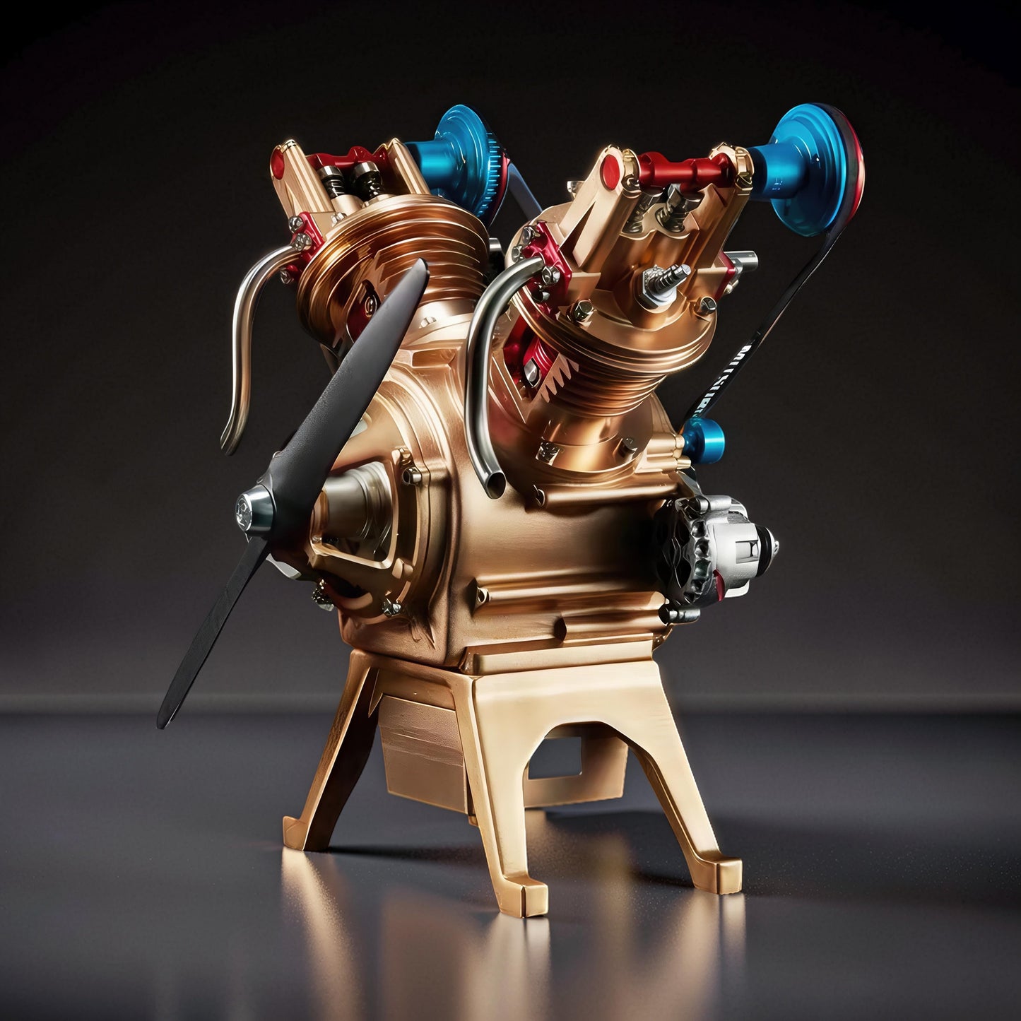 The Curious Mind Mini V2 Double-Cylinder Engine DIY Kit is a premium metal mechanical model with a gold finish, red accents, and blue pulleys.