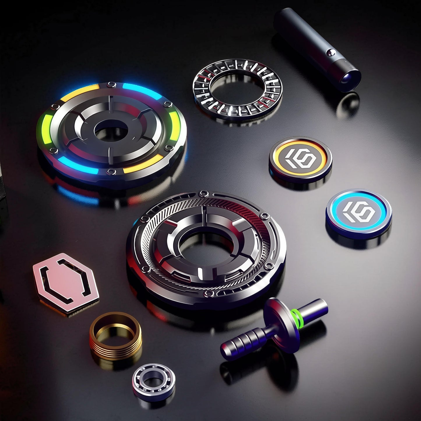 The Curious Mind Nebula RGB Disc Spinner kit with metallic finish and illuminated accents. Includes various components like bearings and a handle.