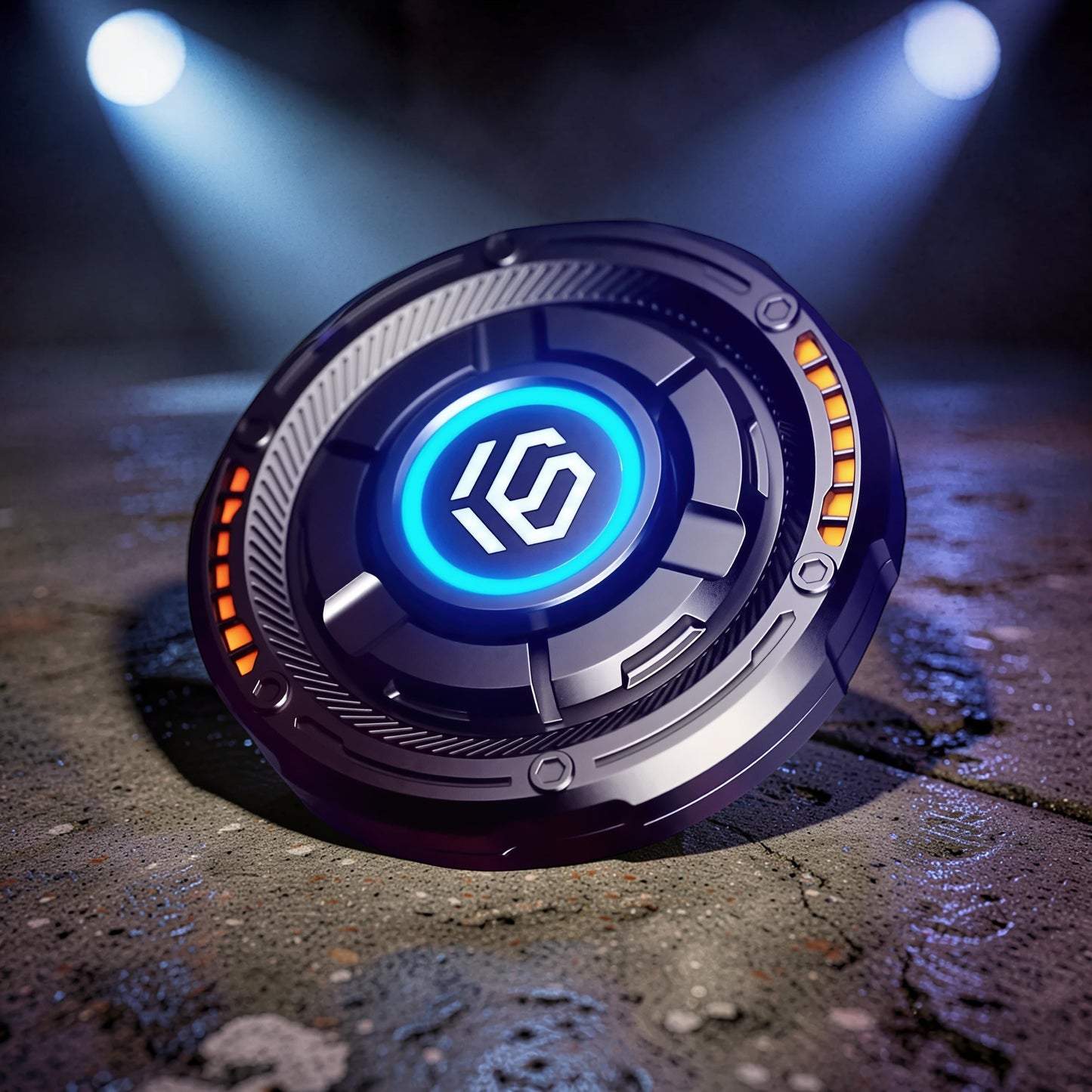 The Curious Mind Nebula RGB Disc Spinner, a sleek metal fidget toy with blue and orange illuminated accents, designed for focus and stress relief.