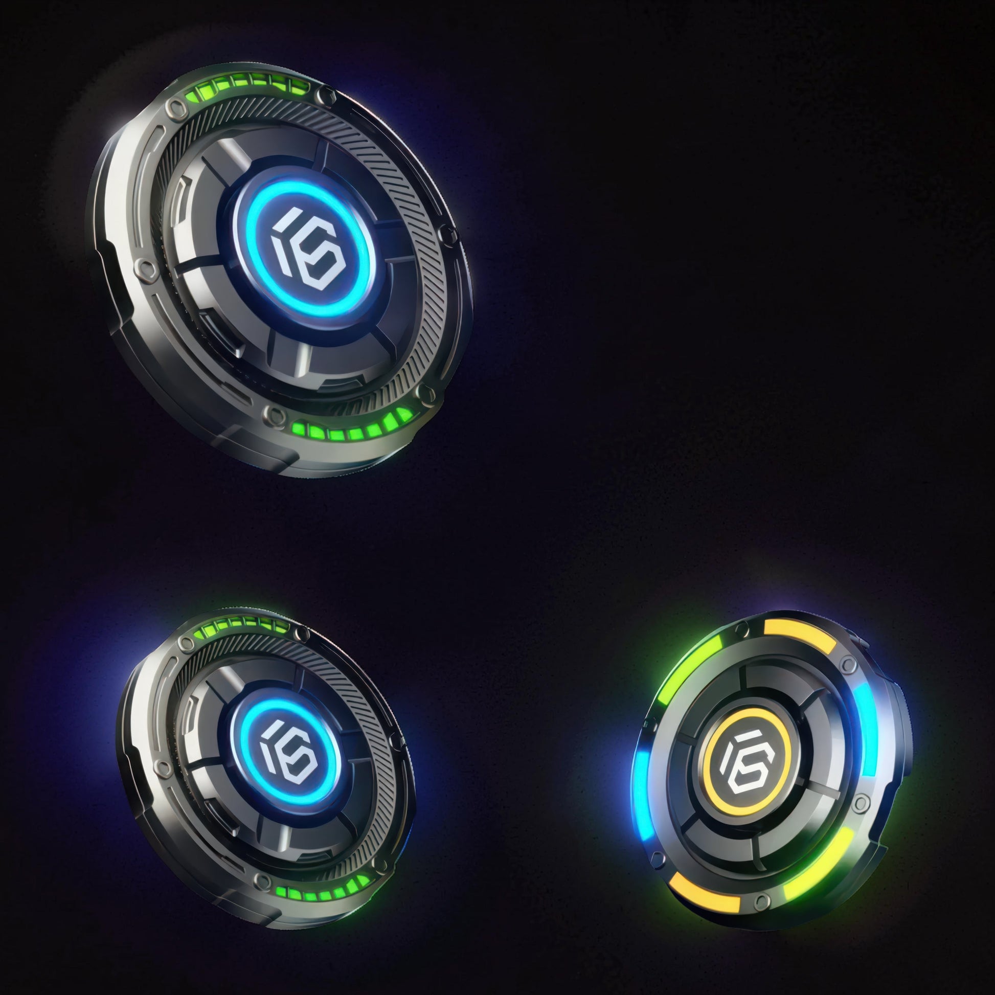The Curious Mind Nebula RGB Disc Spinner, a sleek metal fidget toy with blue and green LED lights, perfect for focus and stress relief.