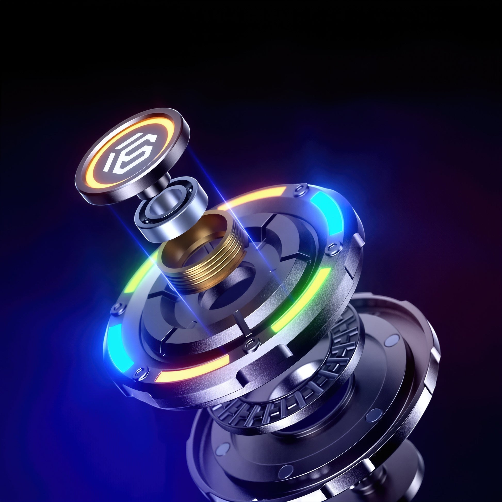 The Curious Mind Nebula RGB Disc Spinner exploded view, showing metal components and illuminated accents in blue and yellow.