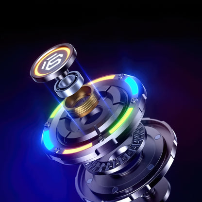 The Curious Mind Nebula RGB Disc Spinner exploded view, showing metal components and illuminated accents in blue and yellow.