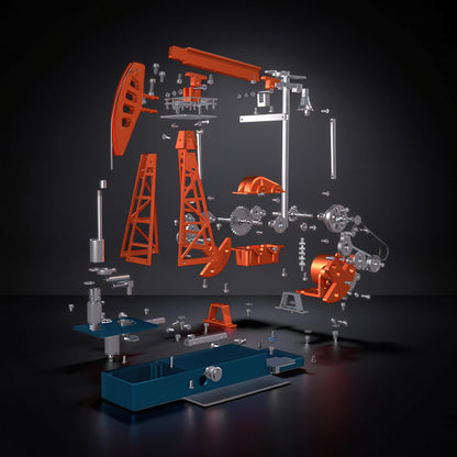 The Curious Mind Oil Derrick Pumping Unit DIY Kit exploded view, featuring orange and silver metal components and a blue base.