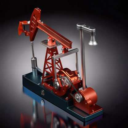 The Curious Mind Oil Derrick Pumping Unit DIY Kit, a detailed metal model with orange and blue components, featuring a mechanical pumping arm and engine.