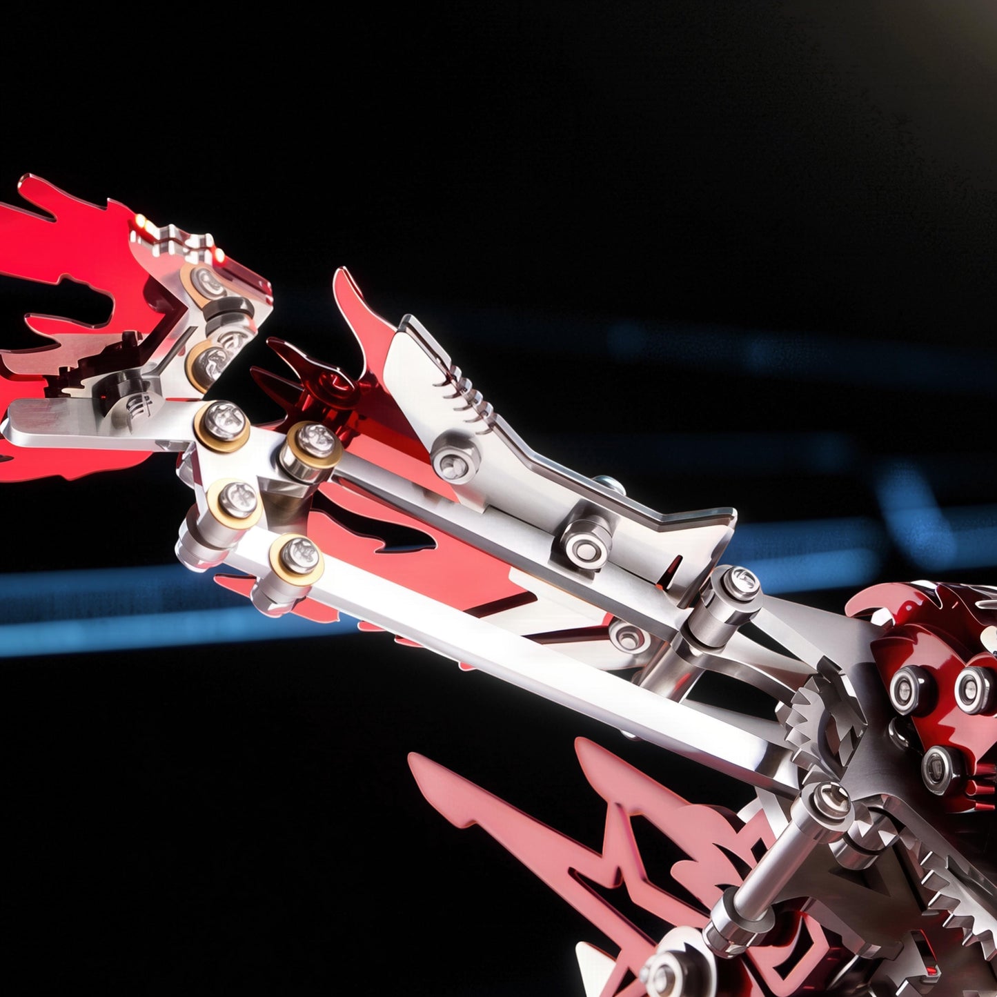The Curious Mind Phoenix DIY Kit, a mechanical creature model with silver and gold metal parts and red accents.