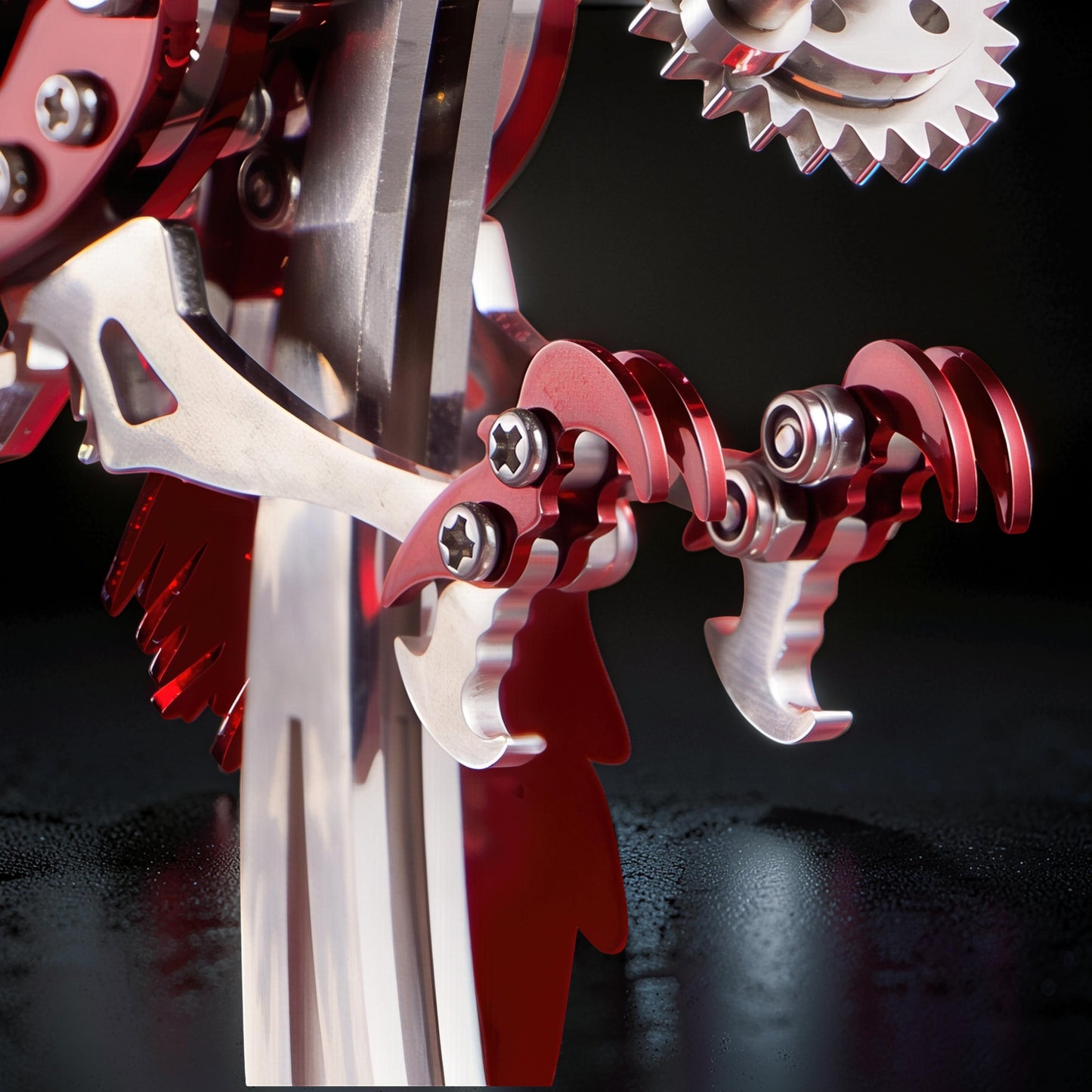 The Curious Mind Phoenix DIY Kit, a metal mechanical creature model with silver and red accents, featuring intricate gears and claws.