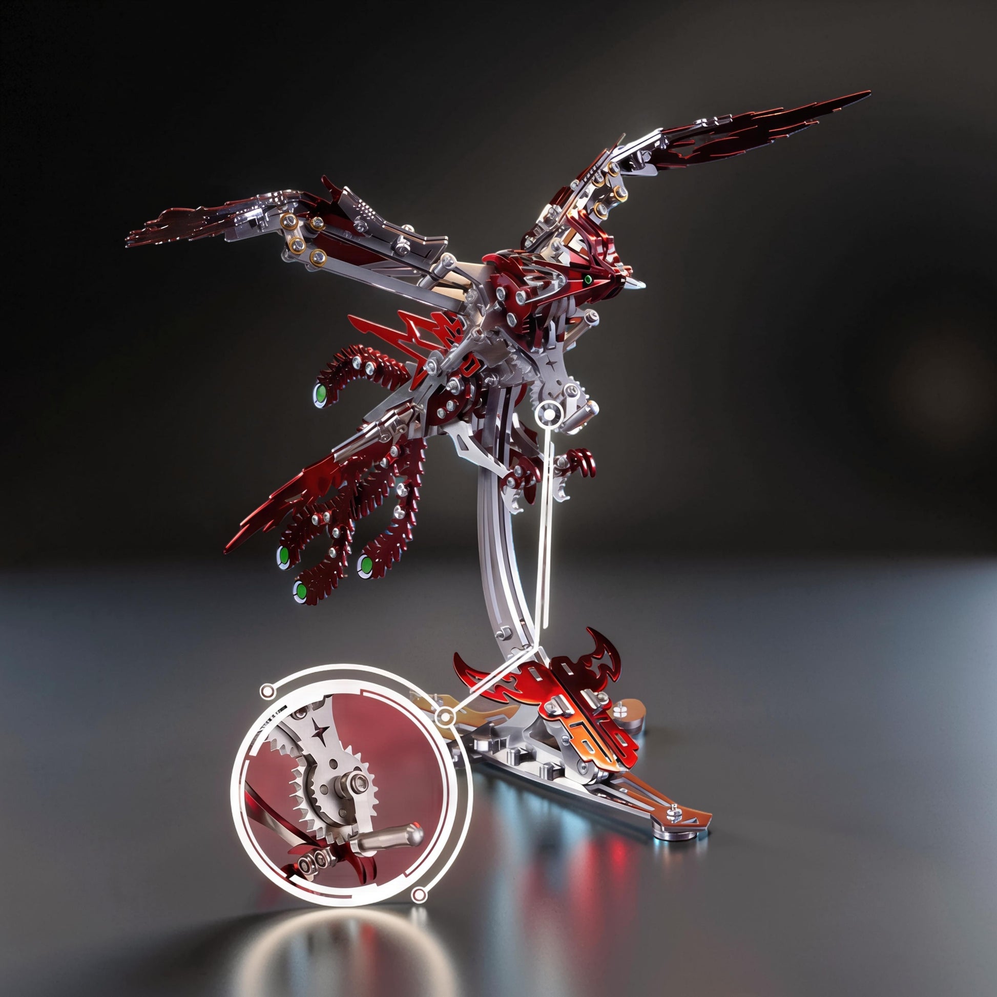 The Curious Mind Phoenix DIY Kit: a detailed silver and red metal mechanical bird model with intricate gears and a display stand.