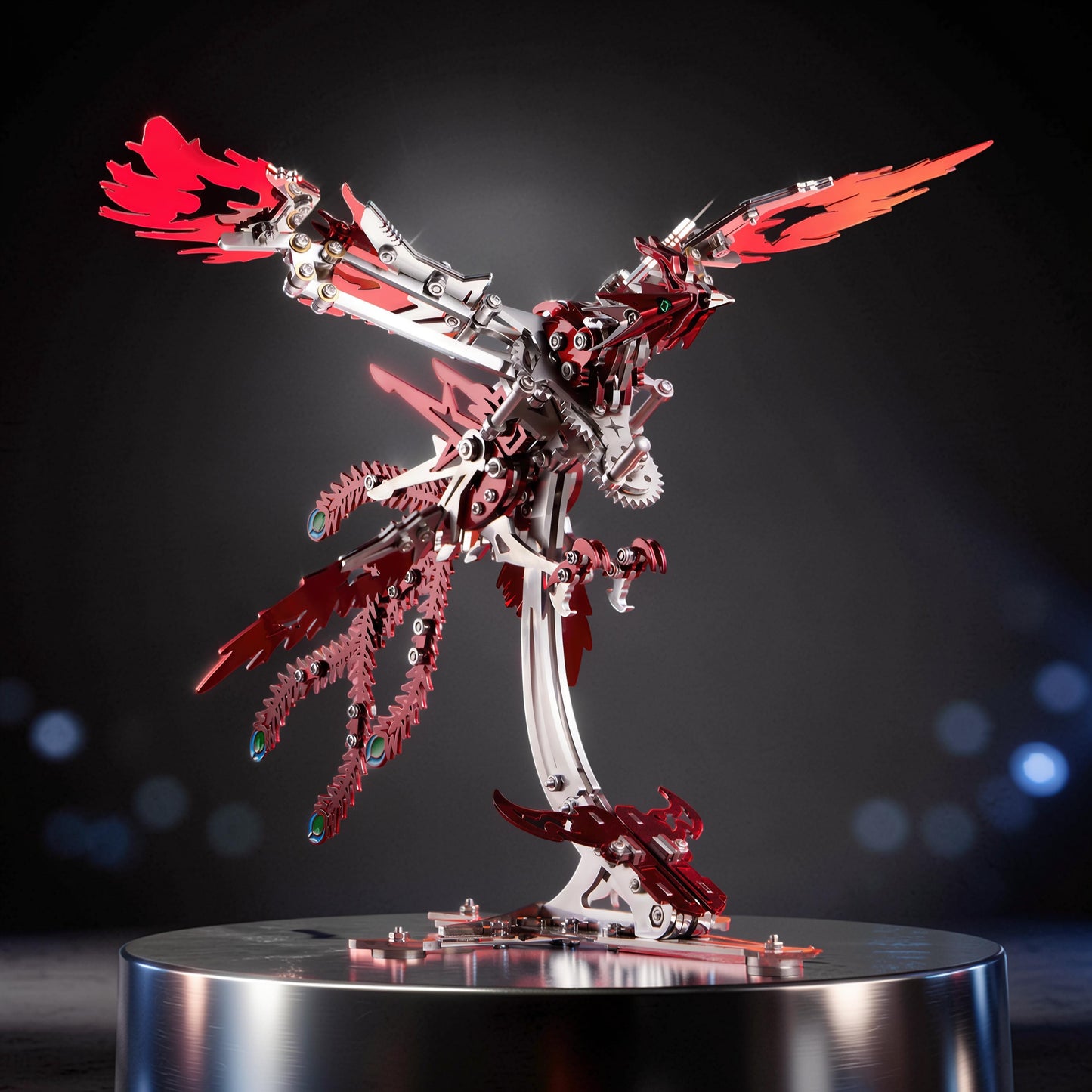 The Curious Mind Phoenix DIY Kit, a detailed metal mechanical creature model in silver and red with intricate gears and wings.