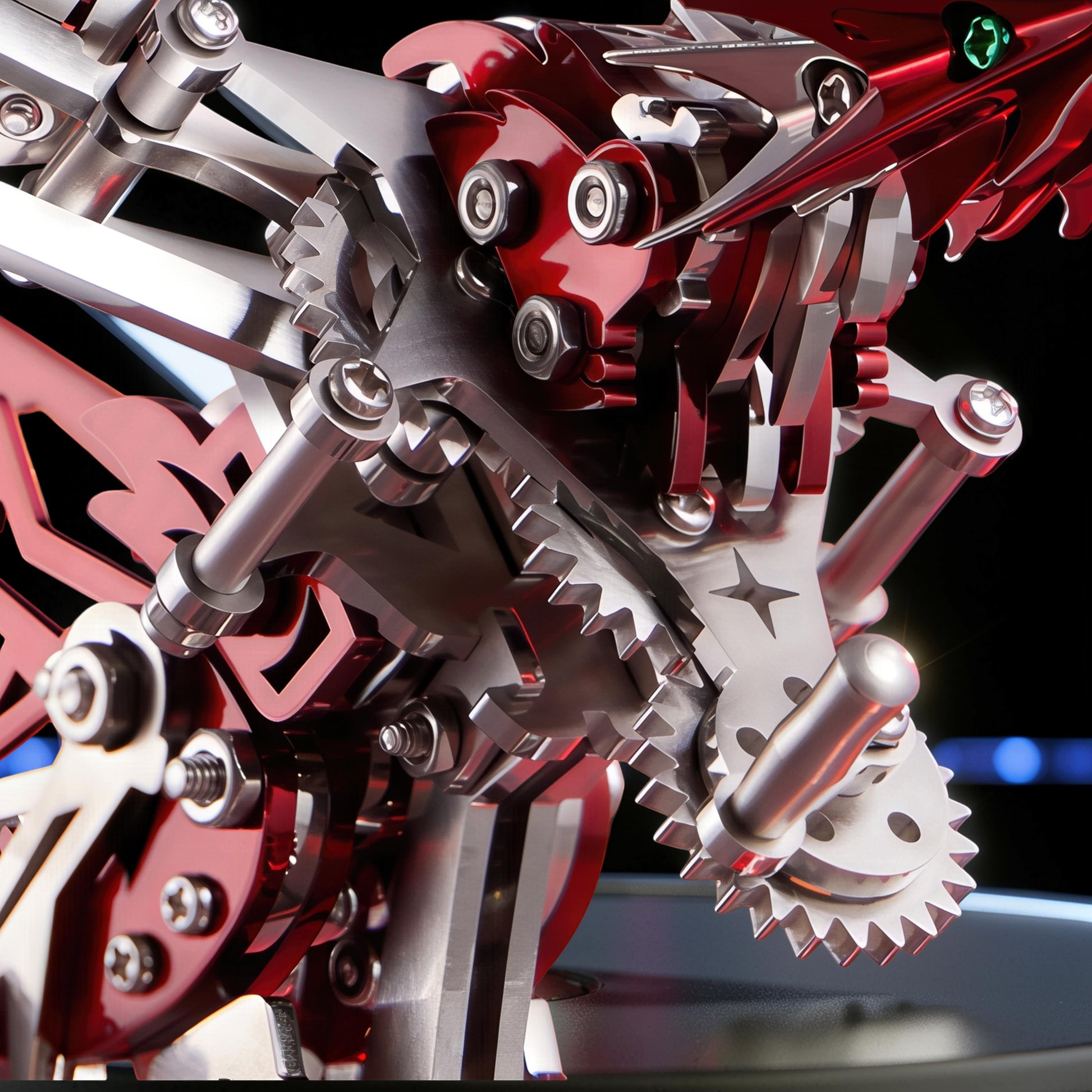 The Curious Mind Phoenix DIY Kit, a mechanical creature model made of silver and red metal, featuring intricate gears and a detailed head with a green eye.