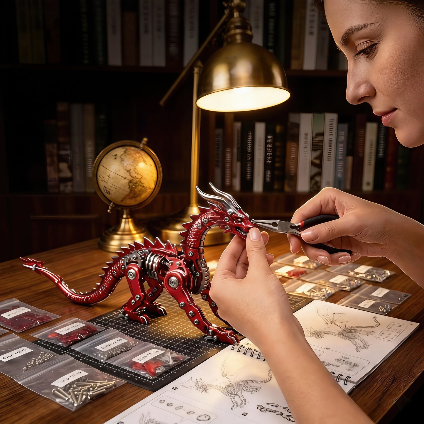 The Curious Mind Pterosaur DIY Kit, a red metal mechanical dragon model being assembled by a woman using pliers. Detailed parts and instructions are laid out.
