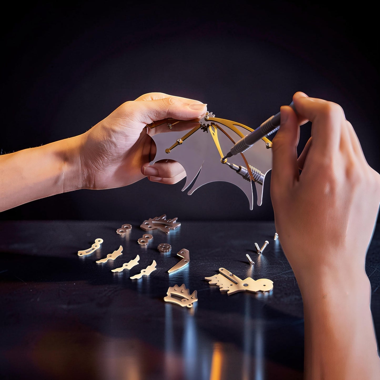 The Curious Mind Pterosaur DIY Kit: hands assembling metal mechanical creature model with tools.